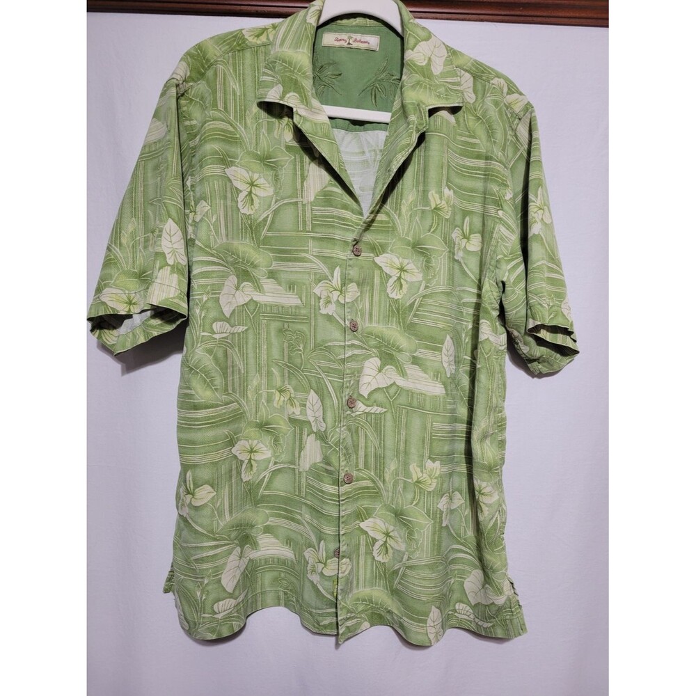 Tommy Bahama Button Down Men Medium Green Excellent Tropical Floral Camp Shirt